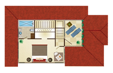 Top view of a 3-beddrom Villa's upper floor with bedroom, bathroom, and terrace.