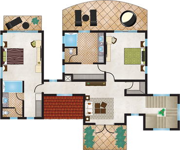 Detailed floor plan showing the upper floor of a 3-beddrom Villa with bedrooms, bathrooms, living area, and outdoor patios with furniture.