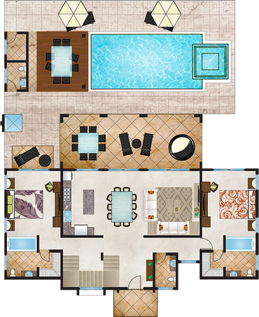 Top-down view of a modern apartment floor plan with pool and outdoor seating.