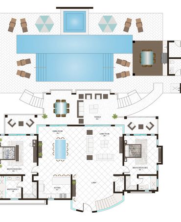 Floor plan of a modern Villa with pool, terrace, two master bedrooms, living and dining rooms.