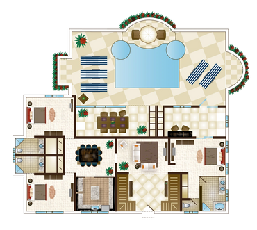 Floor plan featuring bedrooms, bathrooms, living areas, and a pool with lounging space.