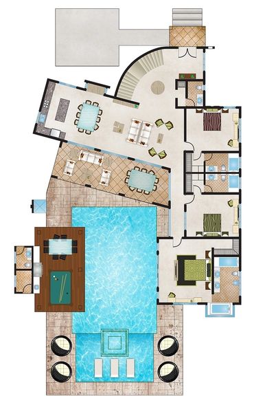 Detailed floor plan with pool, living areas, bedrooms, and recreational space.