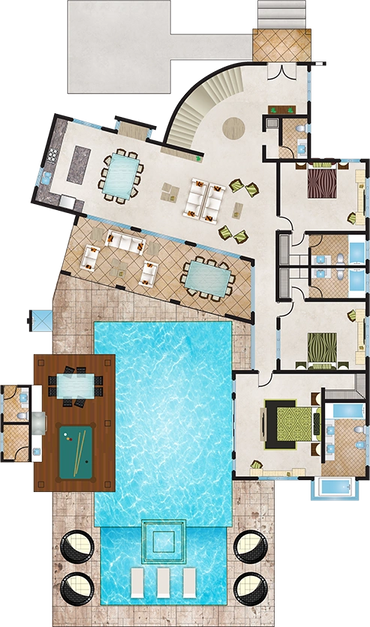 Luxurious floor plan with pool, bedrooms, and entertainment areas.