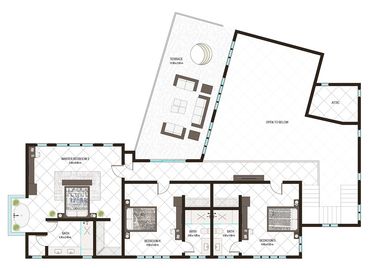 Architectural floor plan of a residential upper level with bedrooms, baths, terrace, and attic.