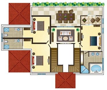 Detailed floor plan of a house with bedrooms, bathrooms, and living areas.