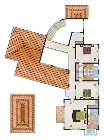 Top view of a house floor plan with three bedrooms and bathrooms.