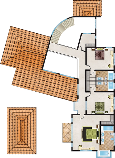 Top view of a house floor plan with three bedrooms and bathrooms.