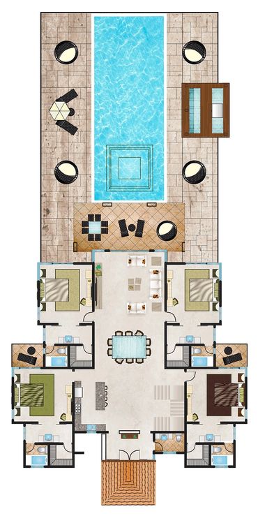 Top-down view of a spacious house floor plan with pool and outdoor seating.