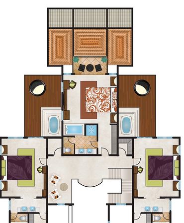 Detailed floor plan of a house with three bedrooms, bathrooms, and outdoor spaces.