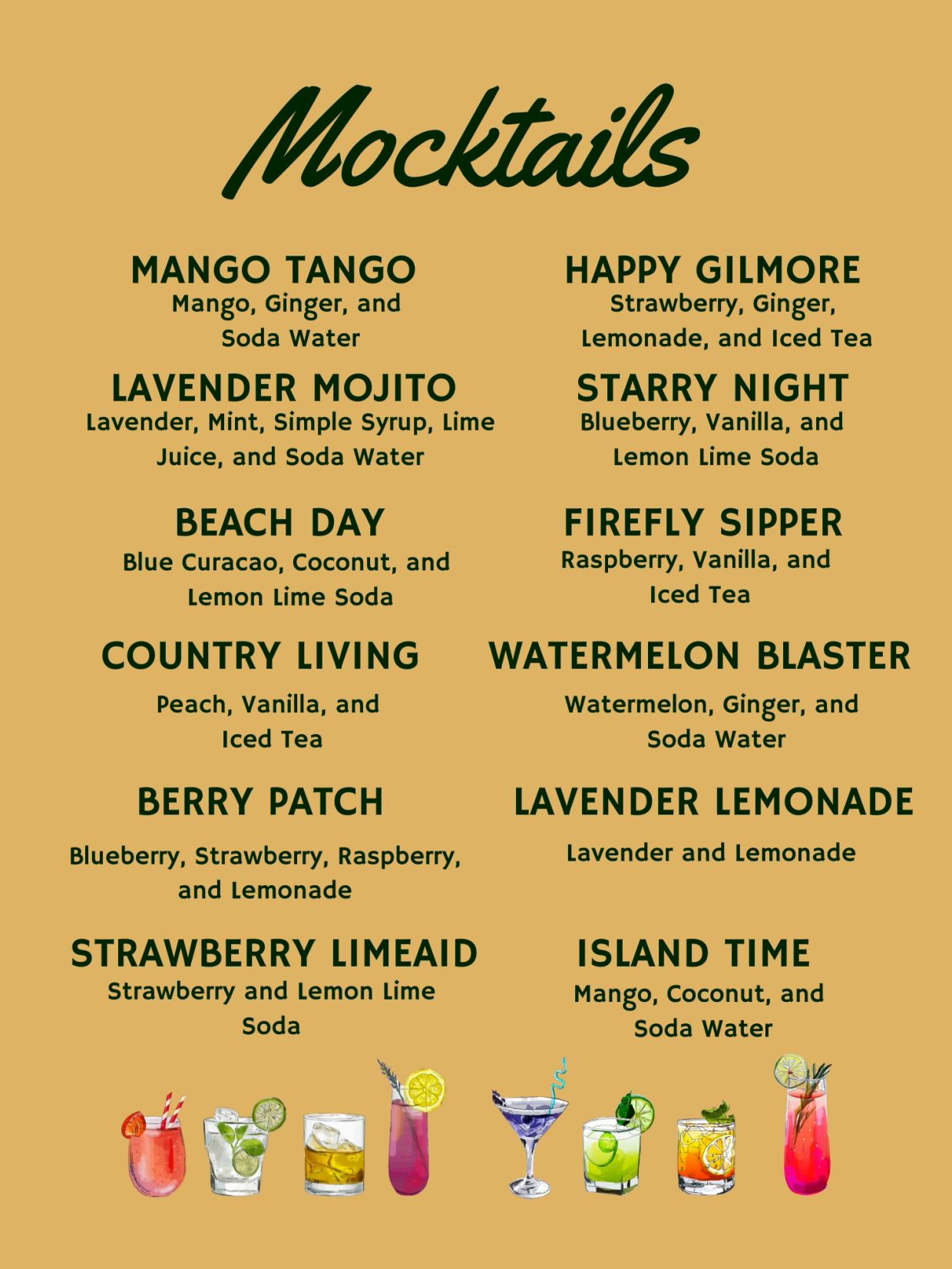 List of mocktails with ingredients.