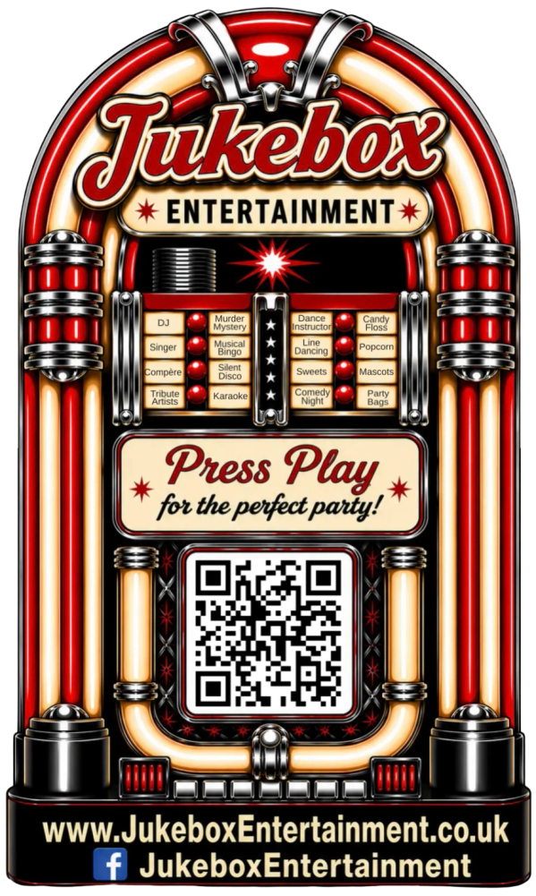Vintage jukebox promoting party entertainment services with QR code and website.