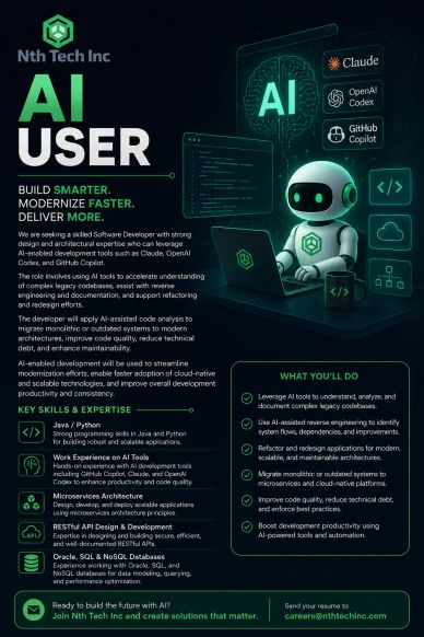AI User job posting by Nth Tech Inc seeking skilled software developers with AI tool expertise.
