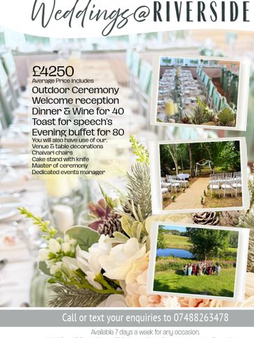 Wedding package at Riverside with outdoor ceremony and buffet for 80 guests.