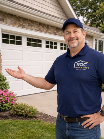 Rochester Garage Door solutions technician showing a garage door installation job after job is done.