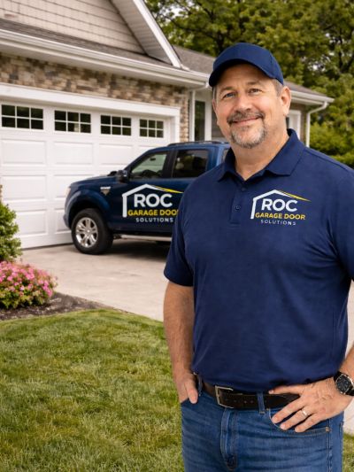 Man in uniform standing outside a home with company vehicle in background.