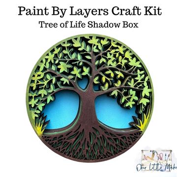 Paint by layers craft kit featuring a colorful Tree of Life shadow box.