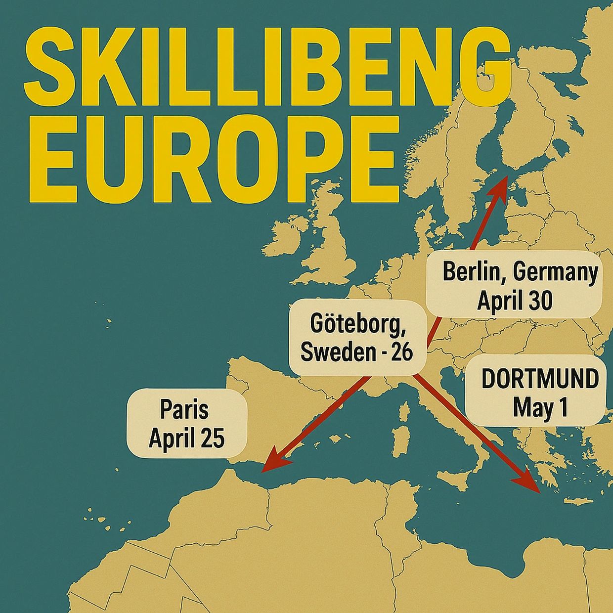 Map showing Skillibeng's Europe tour dates and locations in April and May.
