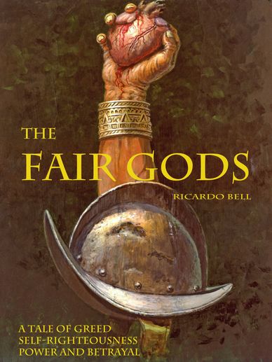 A Spanish helmet and an Aztec arm holding a human heart plus title, author, and a brief synopsis