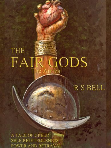 A Spanish helmet and an Aztec arm holding a human heart plus title, author, and a brief synopsis