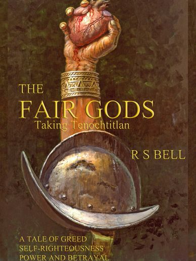 A Spanish helmet and an Aztec arm holding a human heart plus title, author, and a brief synopsis