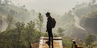 Traveler with a backpack on the edge of a wooden bridge overlooking a mist-filled forest