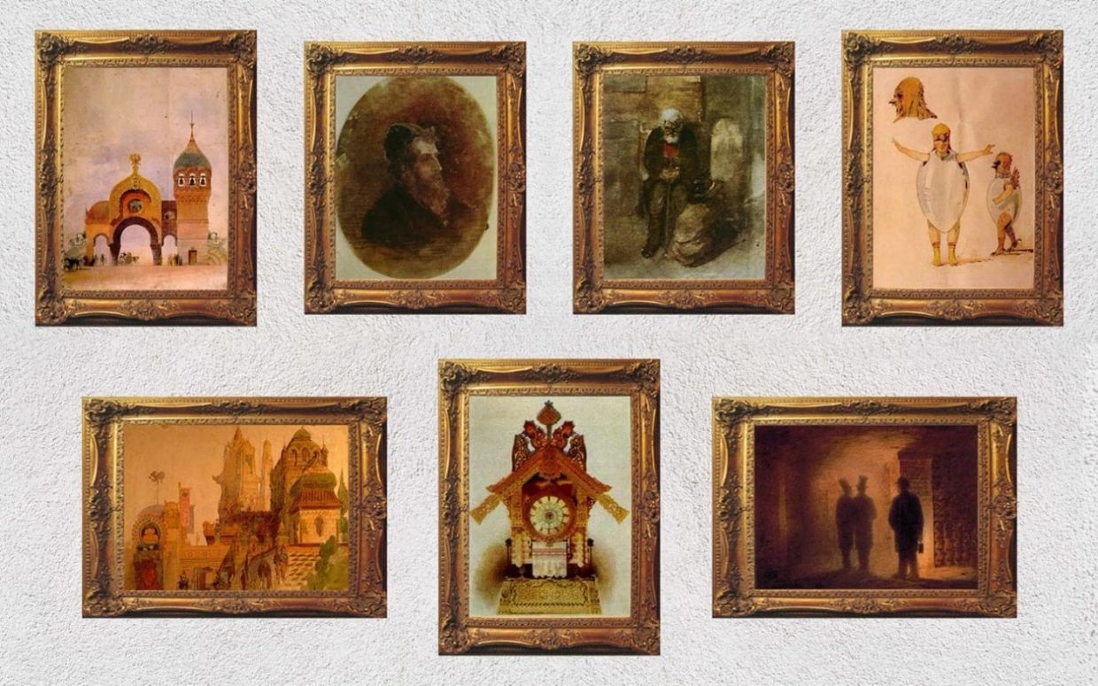 Collection of seven vintage framed paintings on a white wall.