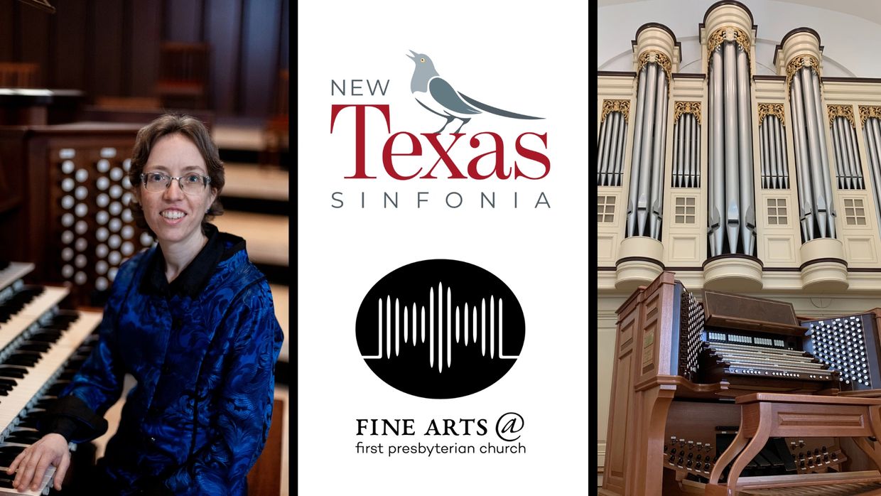 Portrait of a woman at an organ keyboard and a church organ setup.