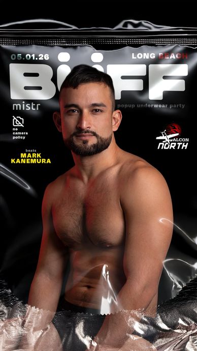 Shirtless man posing in front of a BIFF Long Beach event poster.
