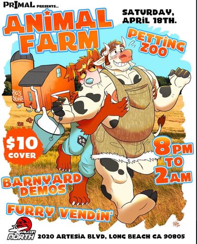 Colorful animal farm event poster with cartoon cow and bull characters.