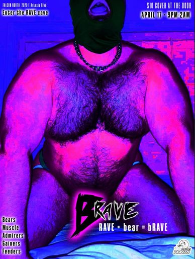 Poster for a rave event featuring a muscular, hairy man in a mask under purple and blue lighting.