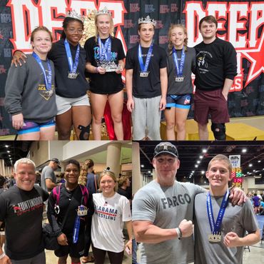 Wrestlers with crowns and medals celebrating victories at a tournament.