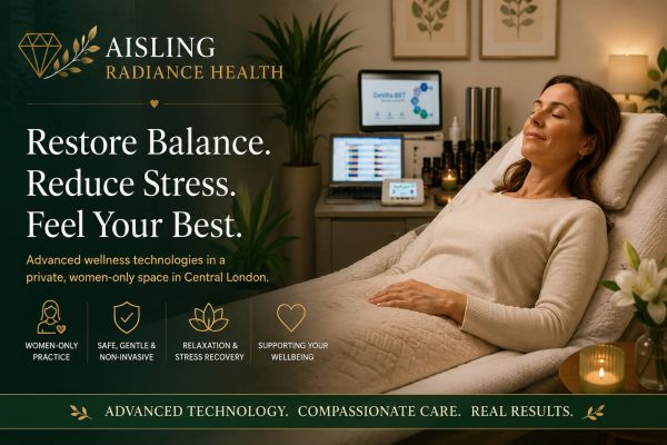 A relaxing wellness center ad promoting stress reduction and balance for women.