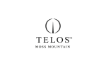Black and white image of a large Telos logo on a building wall.
