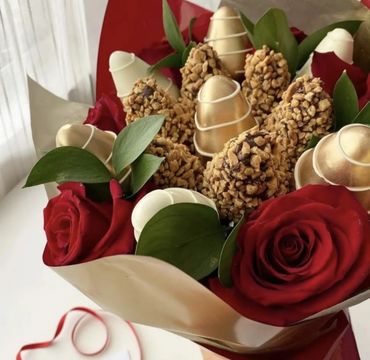 Flowers with chocolate-dipped strawberries