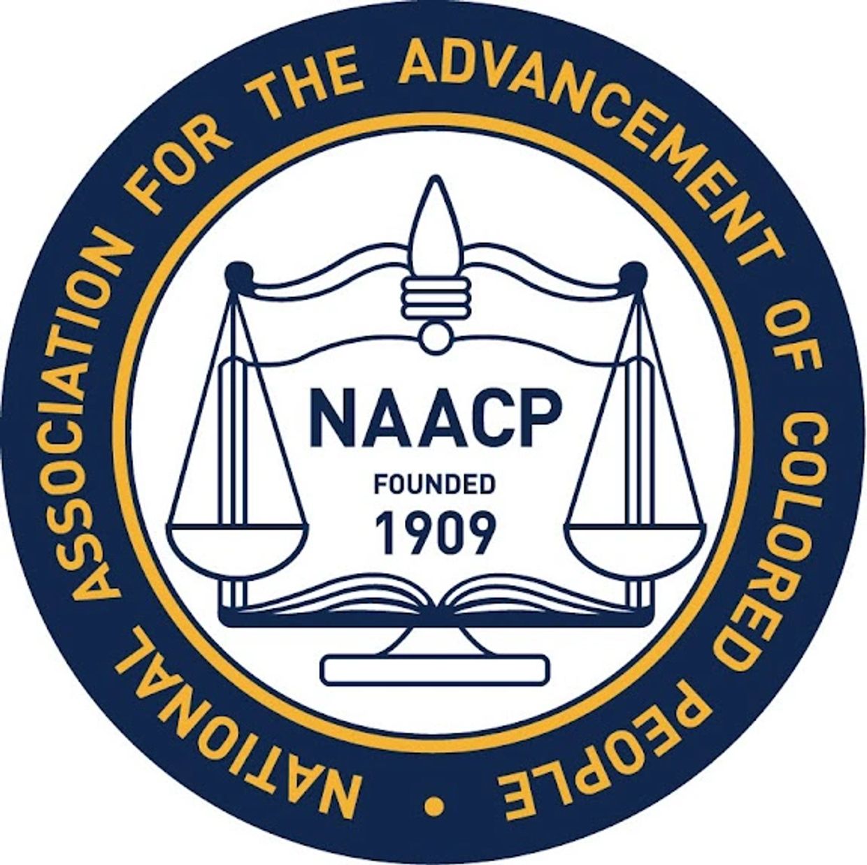 Seal of the NAACP with scales of justice symbol.