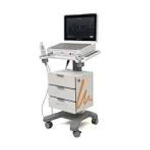 Medical ultrasound machine on a wheeled cart with monitor and controls.