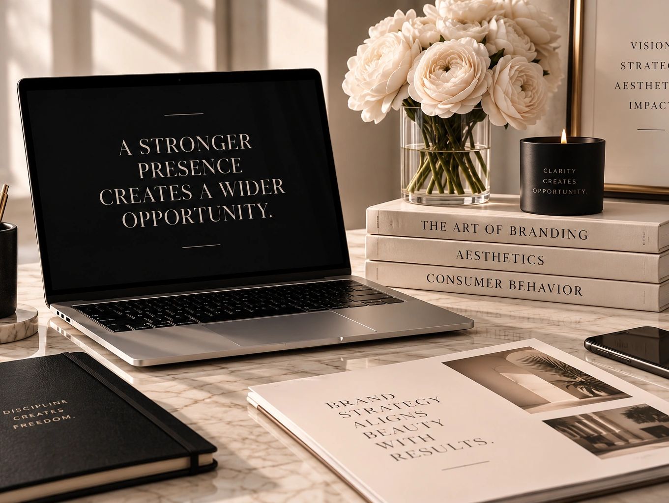 Elegant workspace with motivational quotes and books on branding.