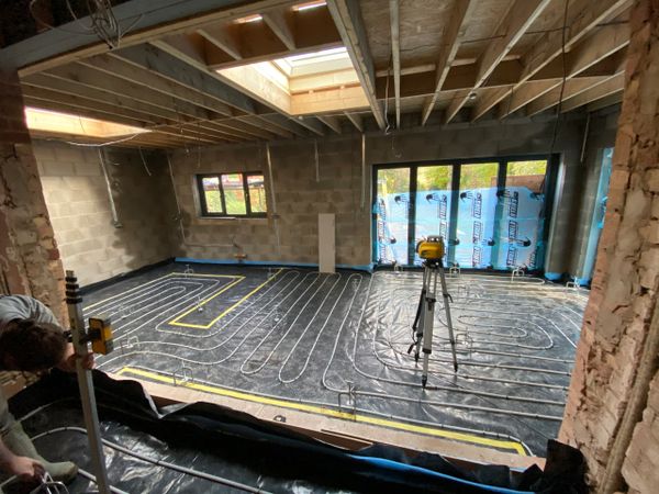 setting up for a liquid screed job in Leamington spa, screed A