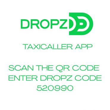Dropz TaxiCaller app logo with instructions to scan QR code and enter code 520990.