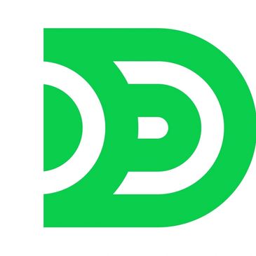 Green abstract logo with circular and curved shapes on white background.