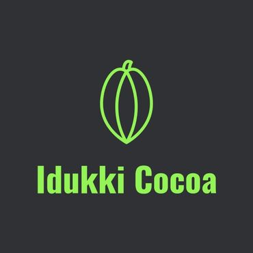 Logo of Idukki Cocoa with a green cocoa pod illustration on dark background.