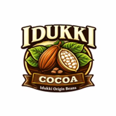 Logo of Idukki Cocoa featuring cocoa beans and leaves.
