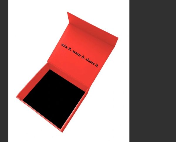 red box with black inside and copy saying "mix it. wear it. share it."