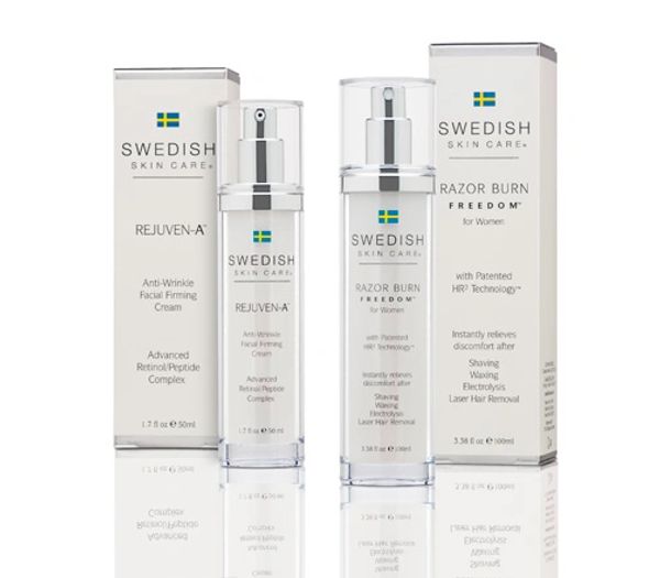 Swedish skin care packaging photo of beautiful white skincare bottles and cartons with blue 