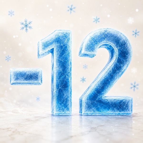 Icy blue -12 numbers with snowflakes around on a light background.
