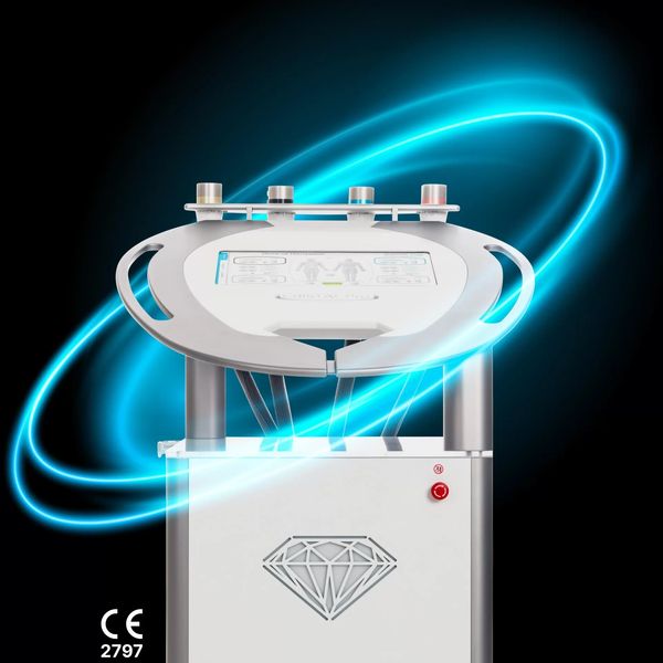 Futuristic medical or cosmetic device with glowing blue rings and diamond emblem.