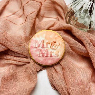 MR and Mrs pink and orange water colour biscuit
