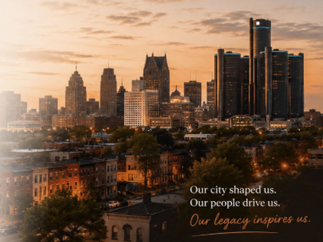 City skyline at sunset with a motivational quote about legacy and community.