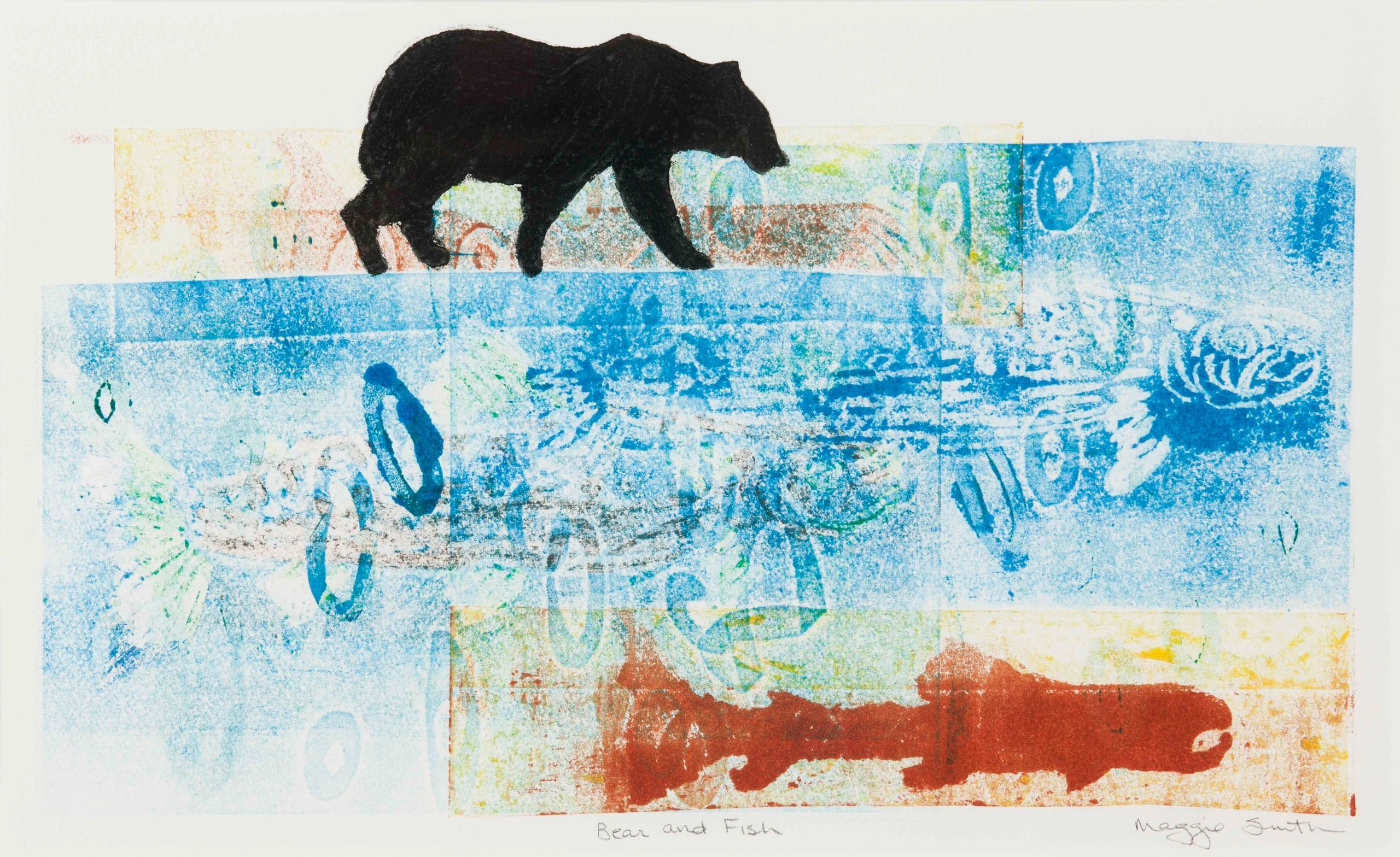 A bear walks on the ice above a fish swimming in the water below. Collograph