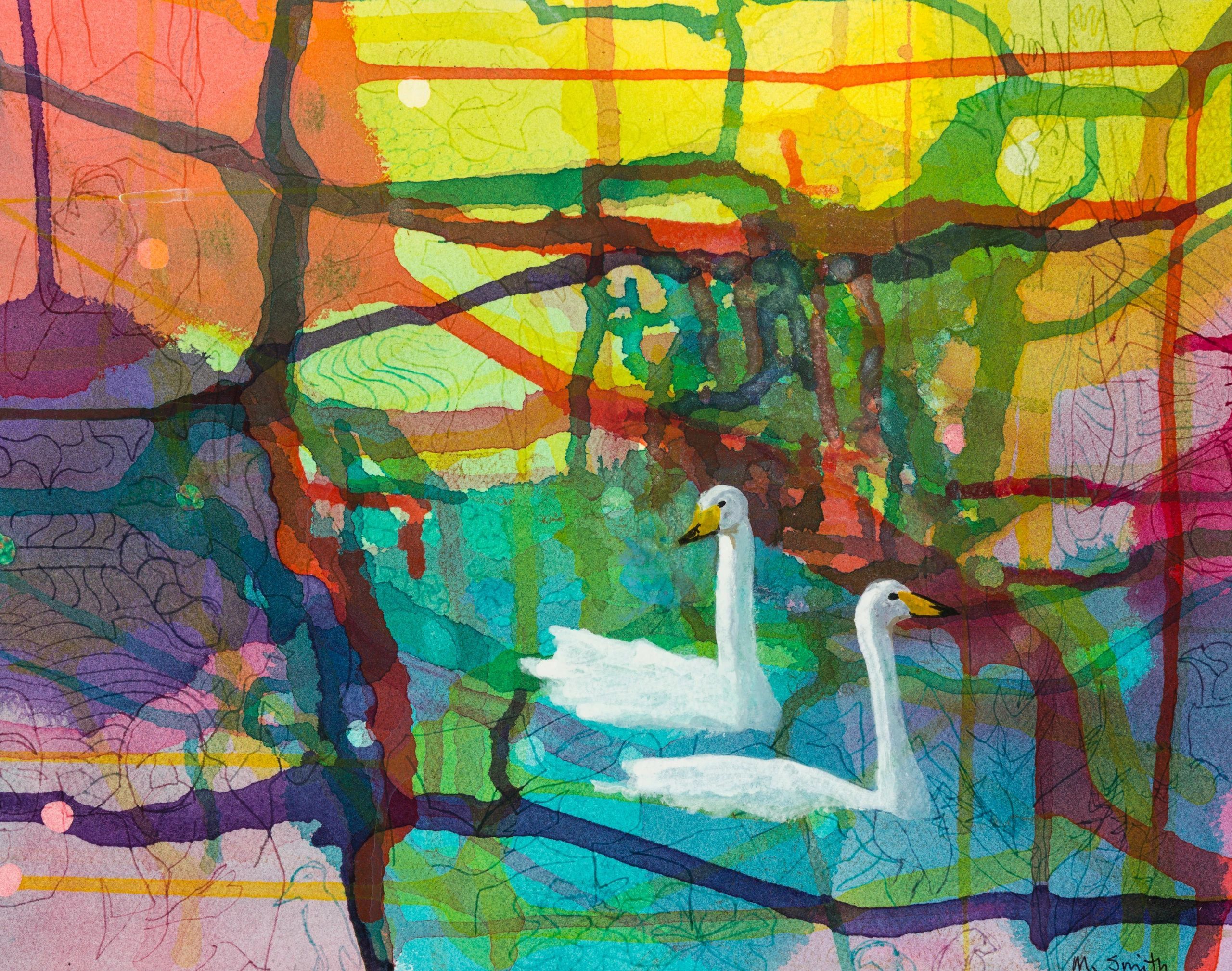 two swans swimming in an abstract background